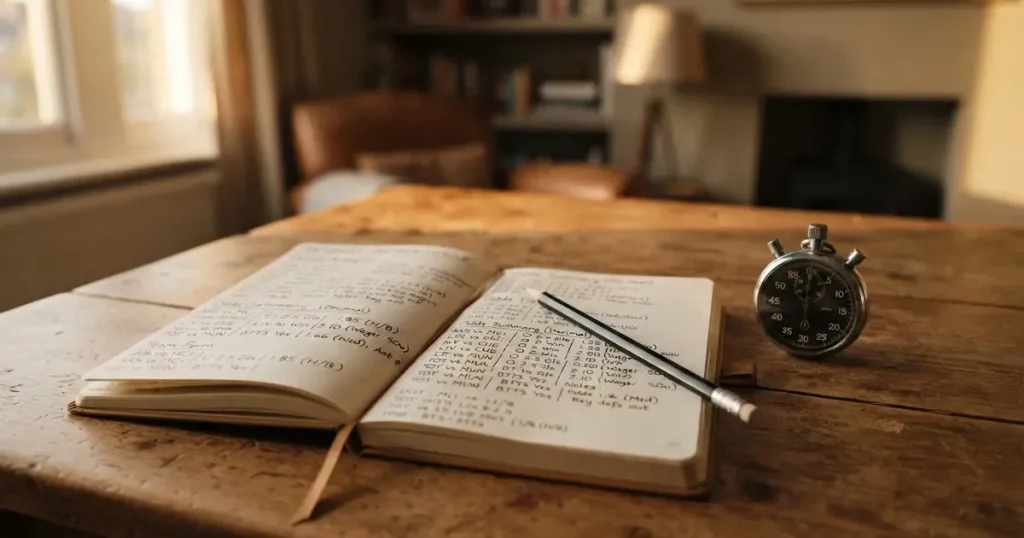An open notebook with a pencil and a stopwatch on a wooden table
