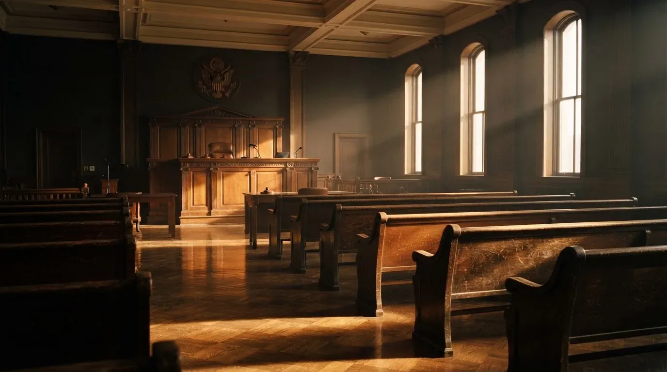An empty courtroom with wooden benches in morning light