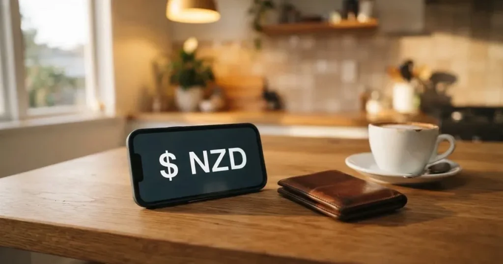 A smartphone on a wooden table beside a wallet and a coffee cup