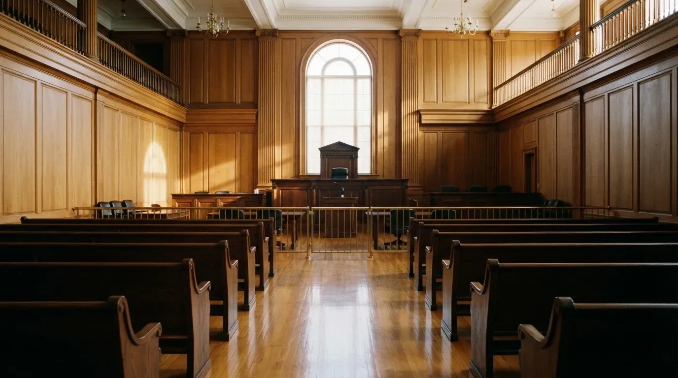 An empty courtroom with wooden benches in morning light