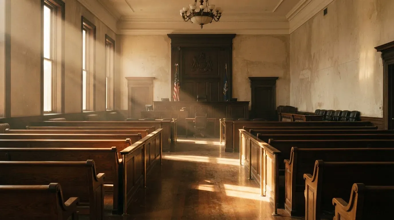An empty courtroom with wooden benches in morning light