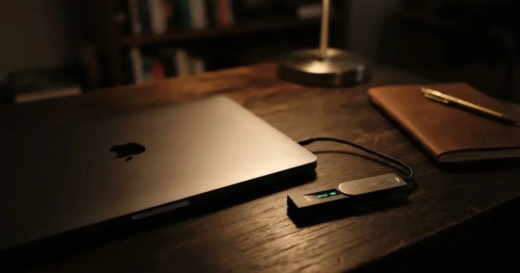 A hardware wallet and a closed laptop on a desk in dim light