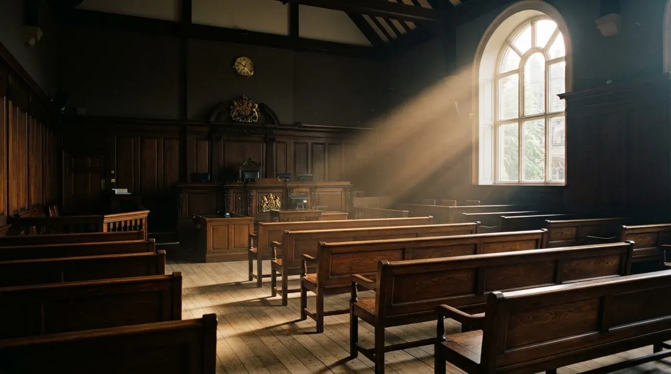 An empty courtroom with wooden benches in morning light