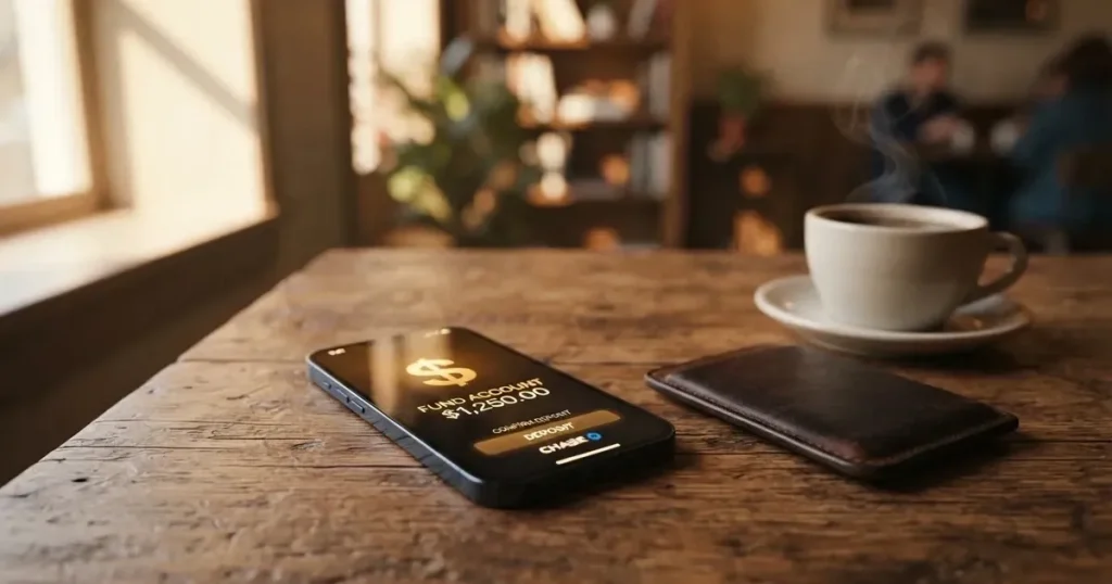 A smartphone on a wooden table beside a wallet and a coffee cup