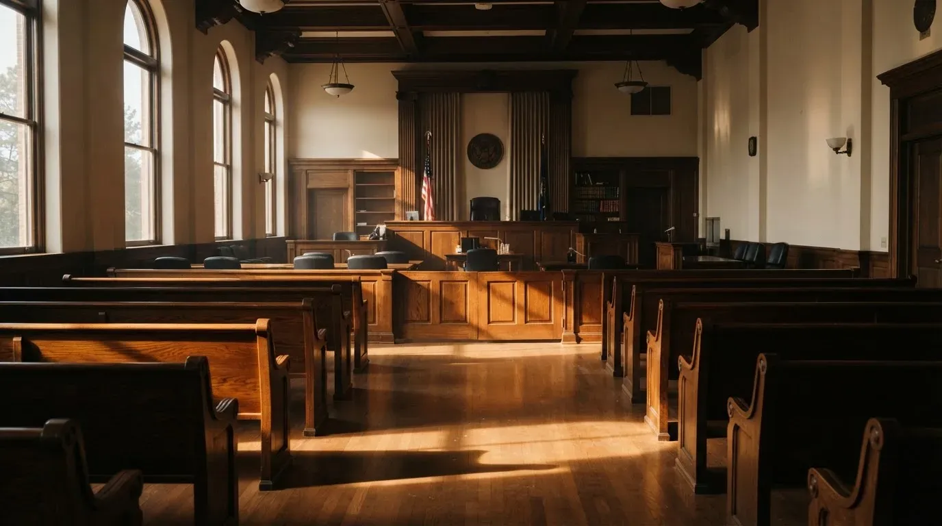 An empty courtroom with wooden benches in morning light