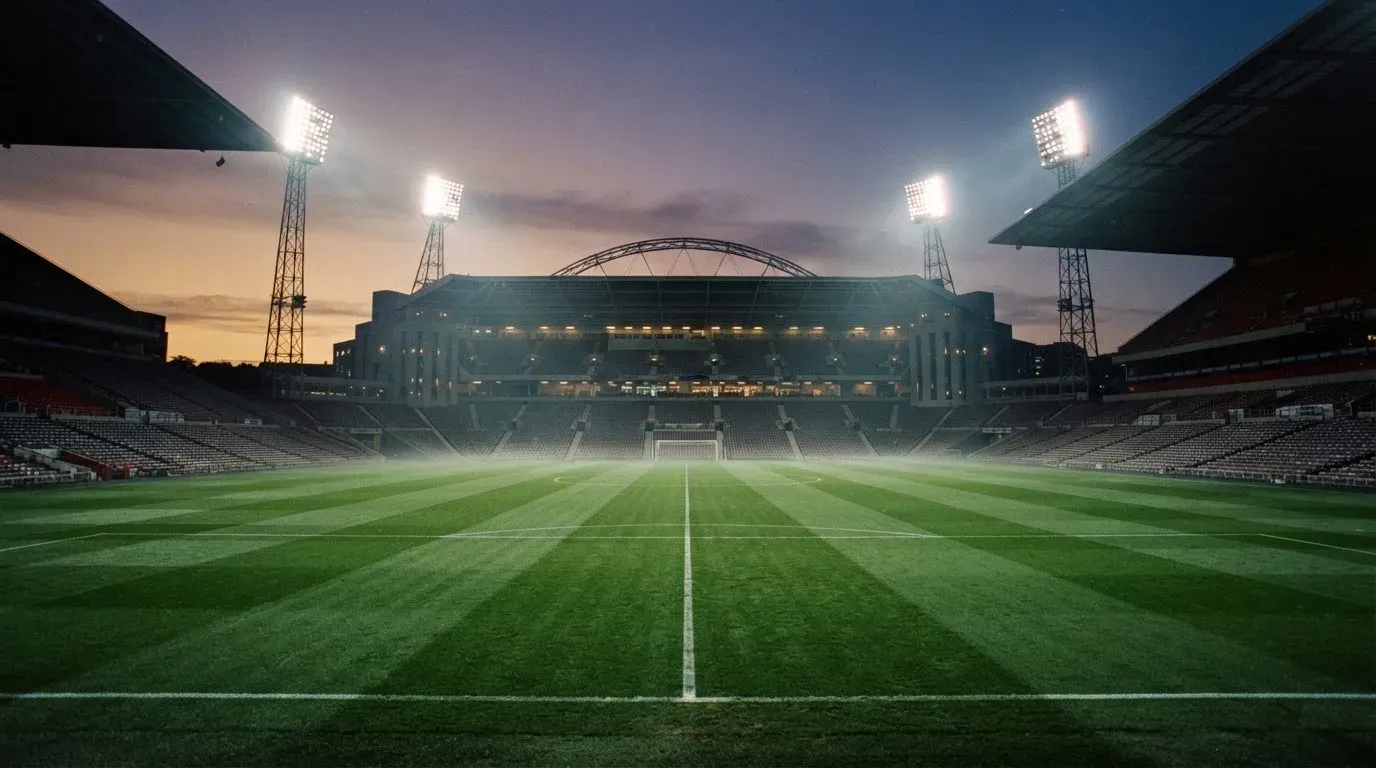 An empty football stadium with floodlight masts at dusk