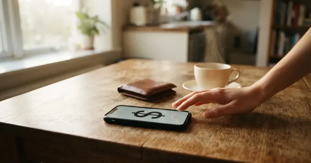 A smartphone on a wooden table beside a wallet and a coffee cup