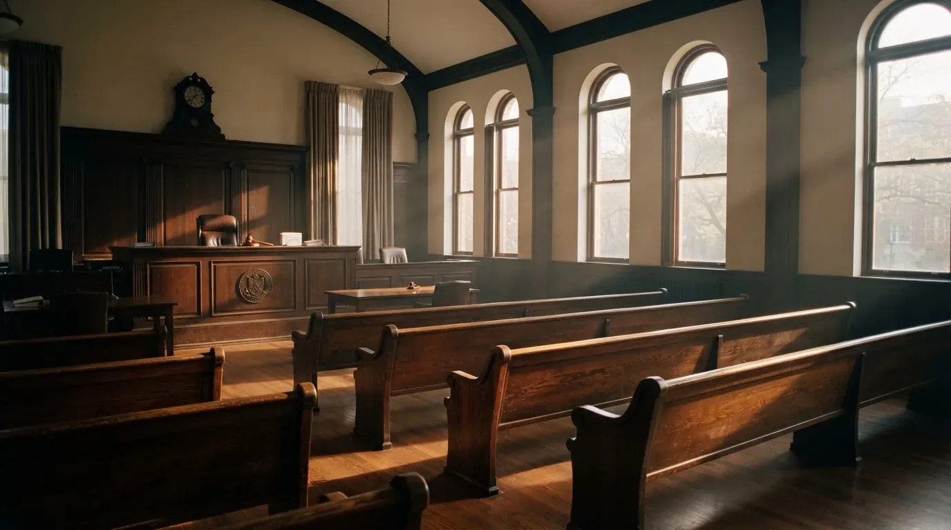 An empty courtroom with wooden benches in morning light
