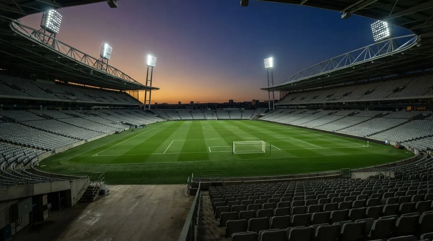 An empty football stadium with floodlight masts at dusk