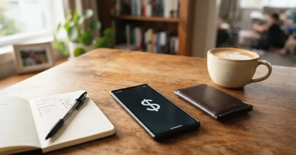 A smartphone on a wooden table beside a wallet and a coffee cup