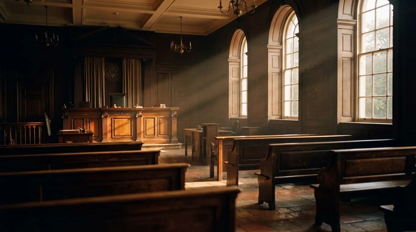 An empty courtroom with wooden benches in morning light