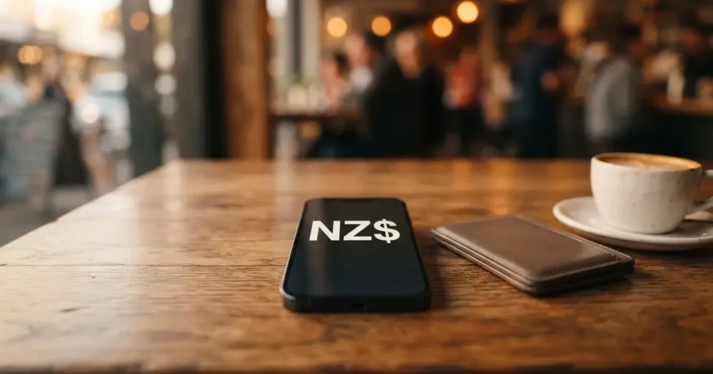 A smartphone on a wooden table beside a wallet and a coffee cup