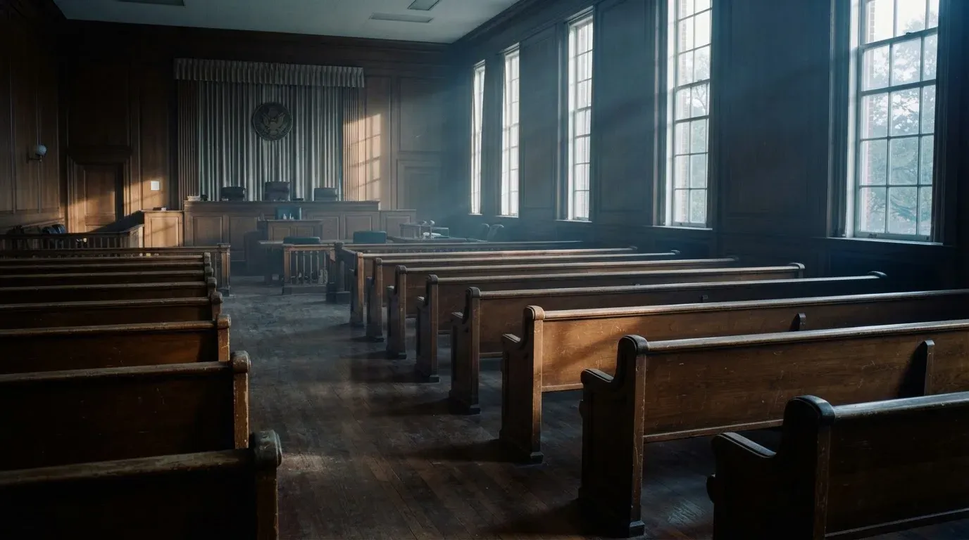 An empty courtroom with wooden benches in morning light