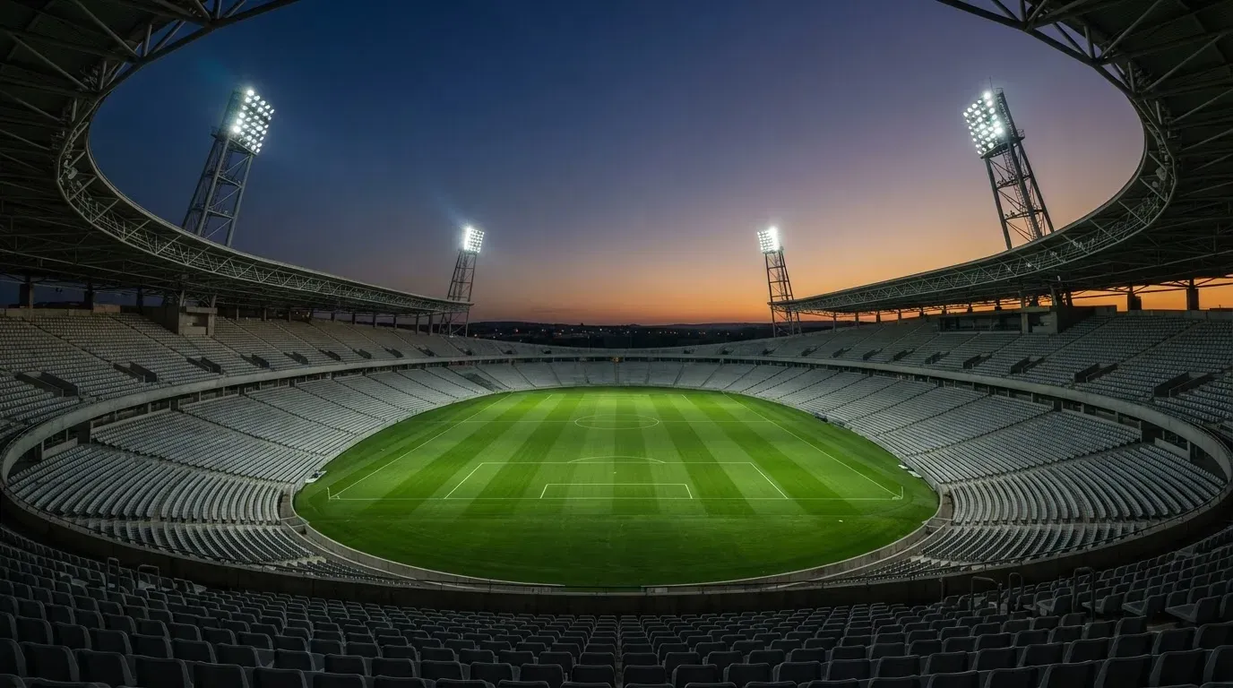 An empty football stadium with floodlight masts at dusk