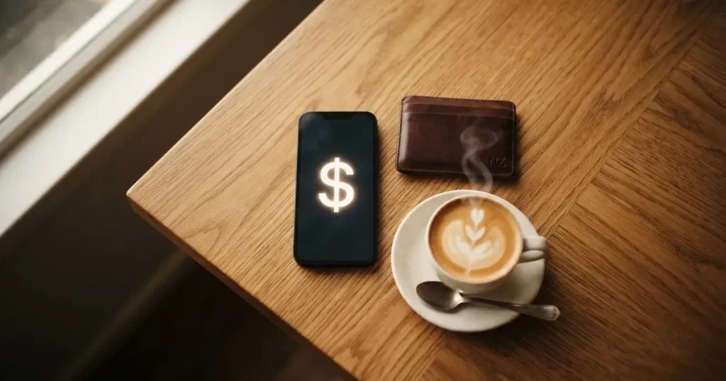 A smartphone on a wooden table beside a wallet and a coffee cup