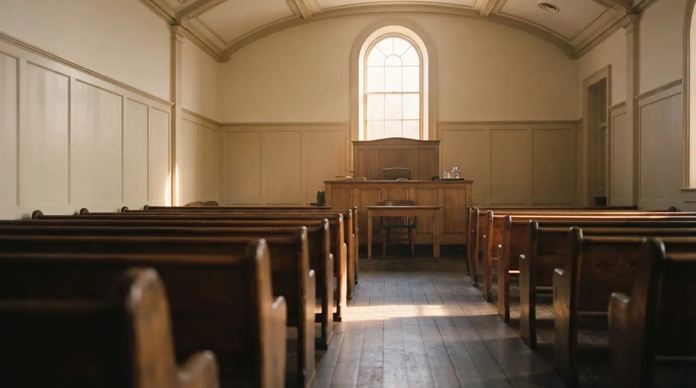 An empty courtroom with wooden benches in morning light