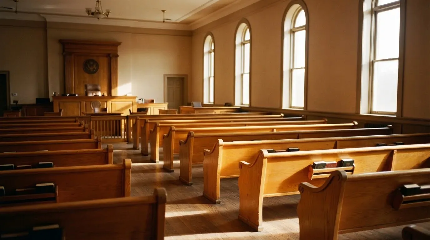 An empty courtroom with wooden benches in morning light