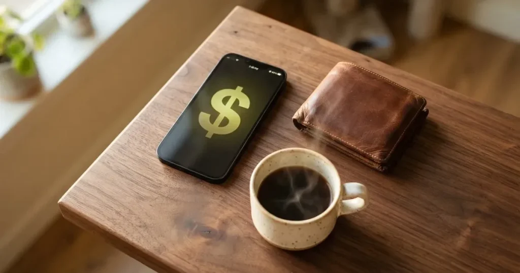 A smartphone on a wooden table beside a wallet and a coffee cup
