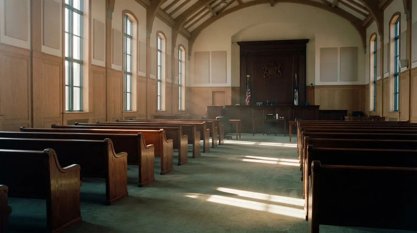 An empty courtroom with wooden benches in morning light