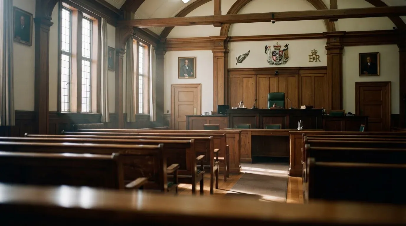 An empty courtroom with wooden benches in morning light