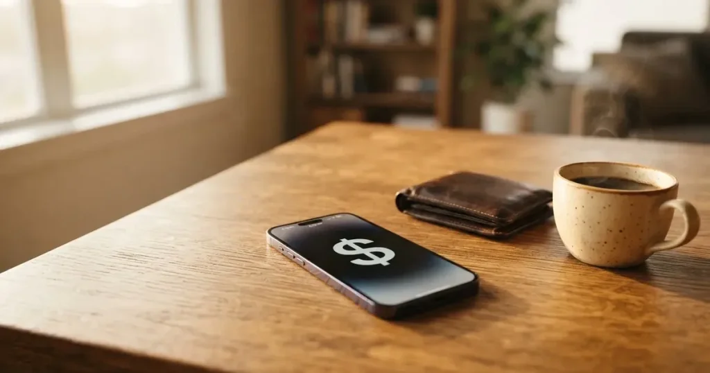 A smartphone on a wooden table beside a wallet and a coffee cup