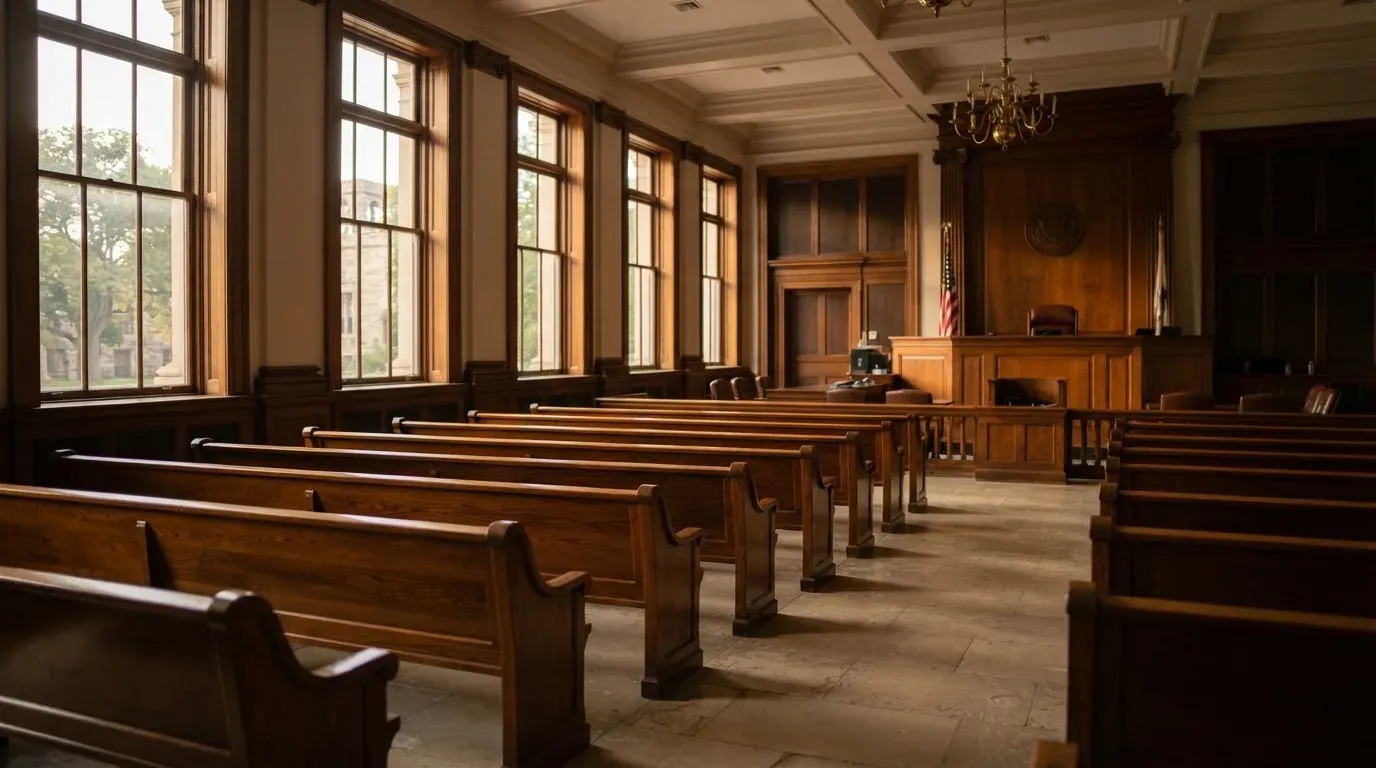 An empty courtroom with wooden benches in morning light