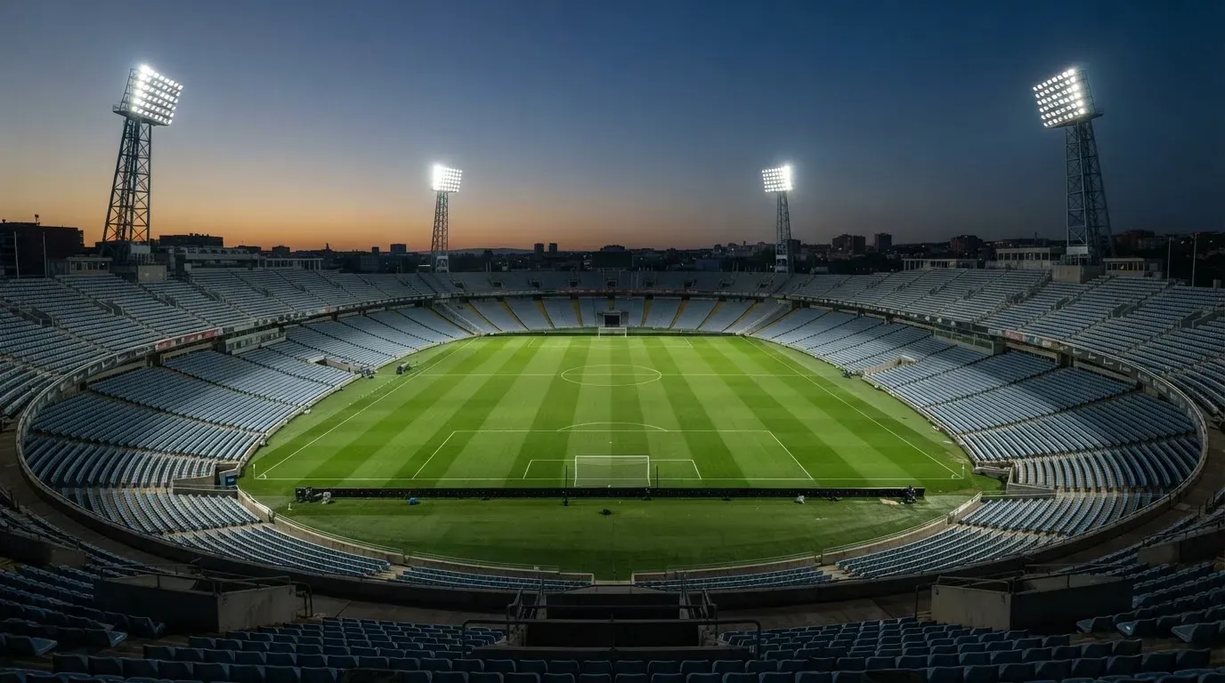 An empty football stadium with floodlight masts at dusk