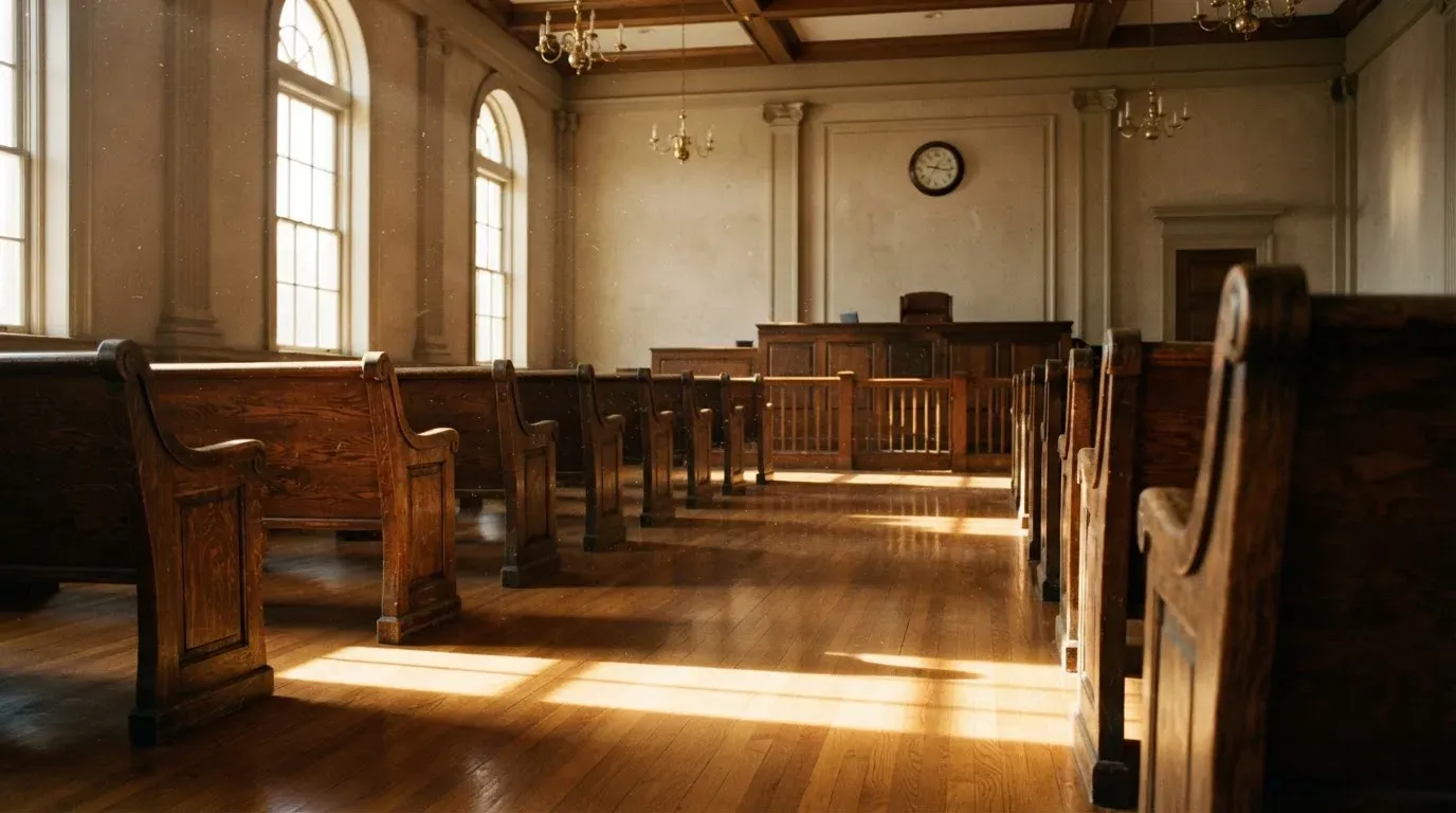 An empty courtroom with wooden benches in morning light
