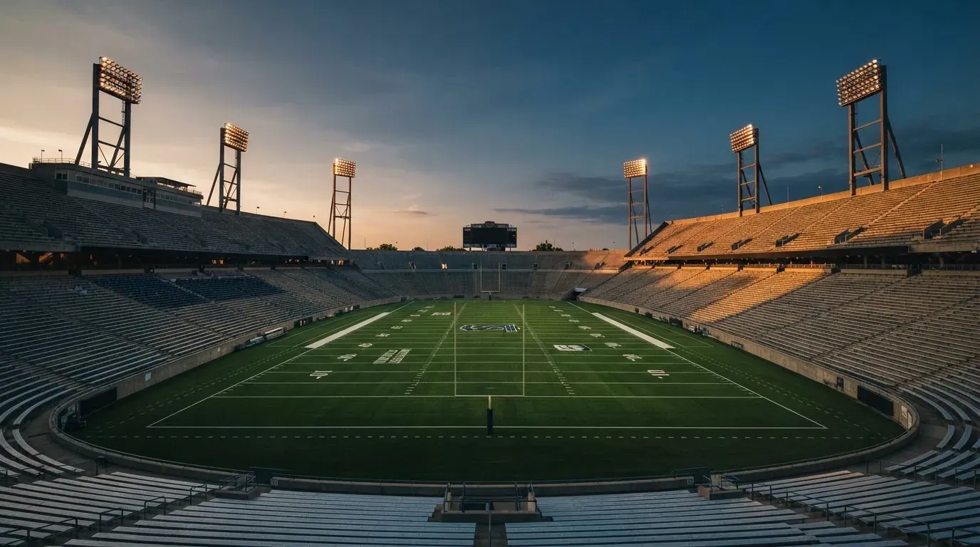 An empty football stadium with floodlight masts at dusk