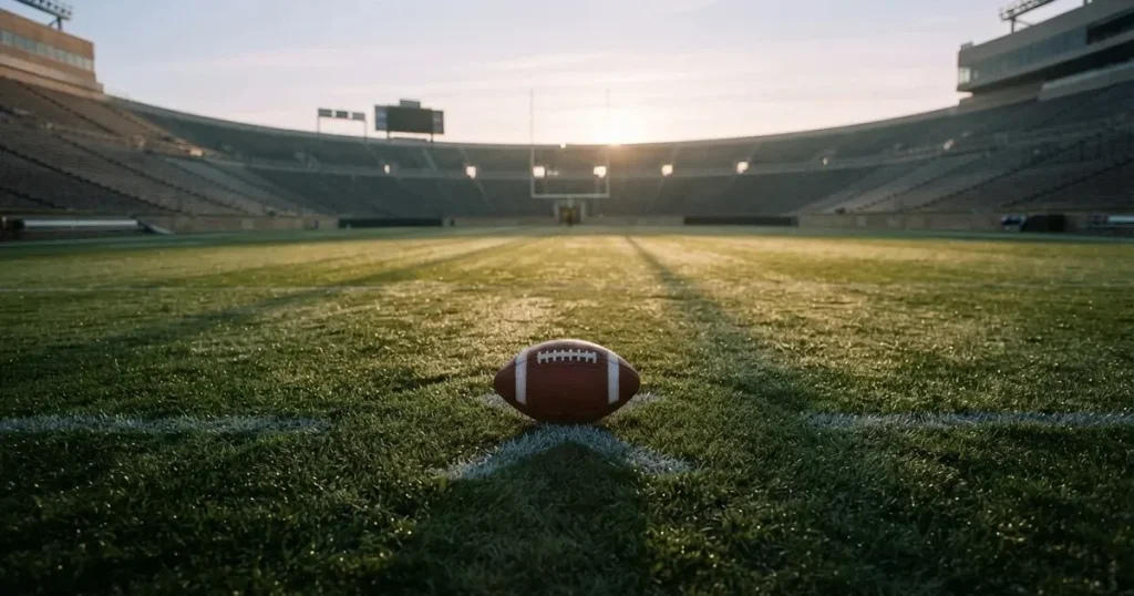 A ball on the centre spot of a grass pitch in morning light