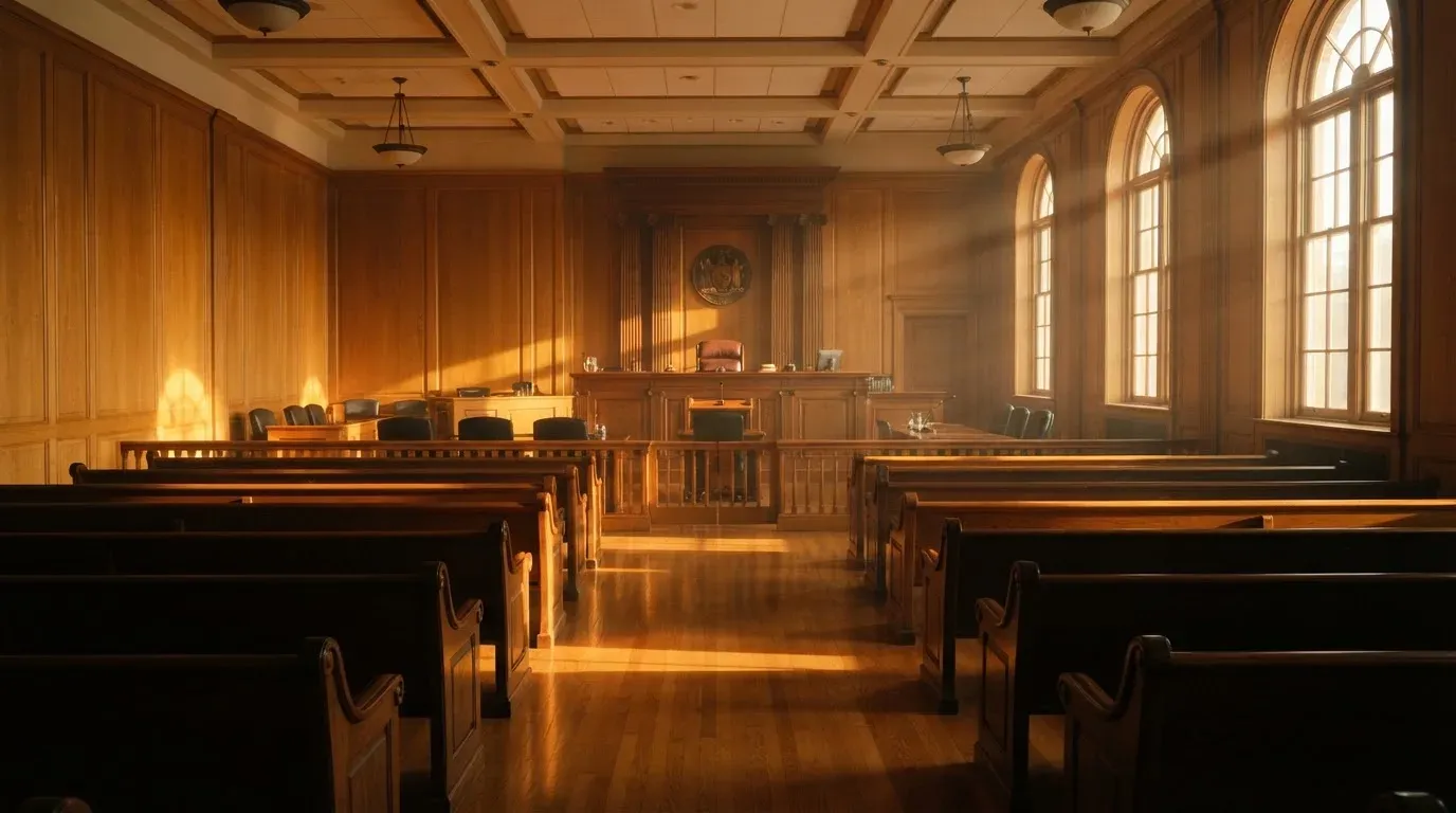 An empty courtroom with wooden benches in morning light