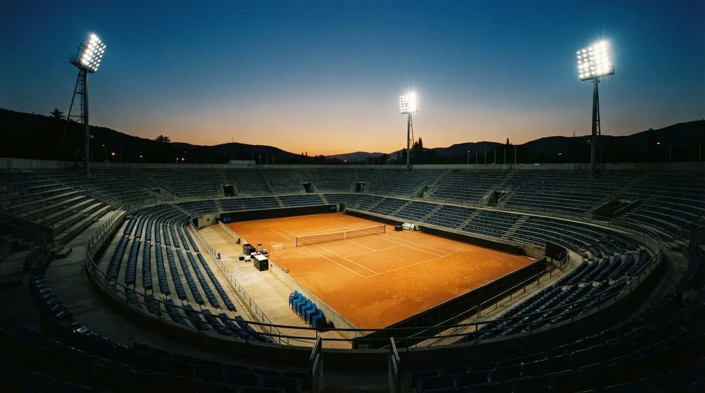 An empty football stadium with floodlight masts at dusk