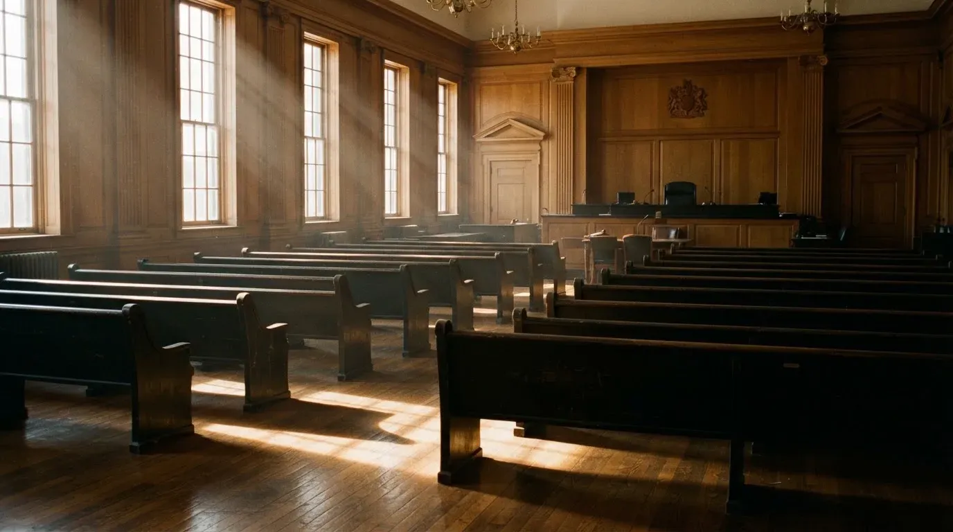 An empty courtroom with wooden benches in morning light