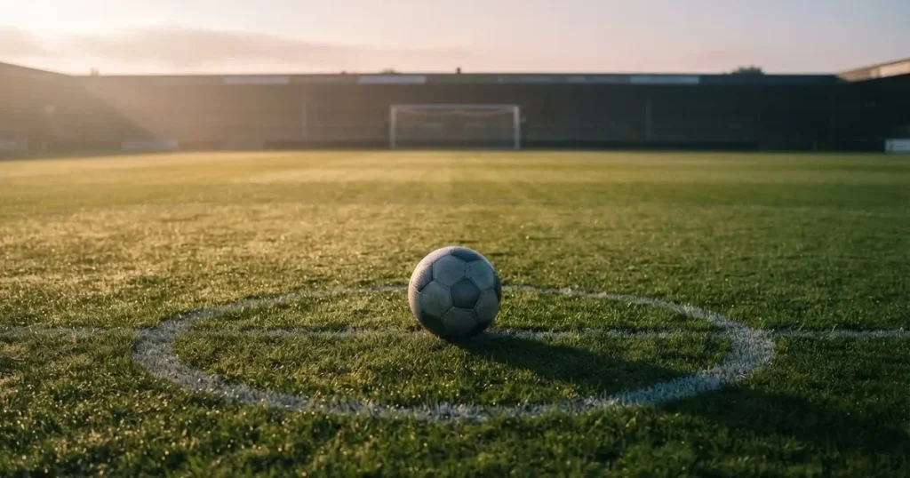 A ball on the centre spot of a grass pitch in morning light