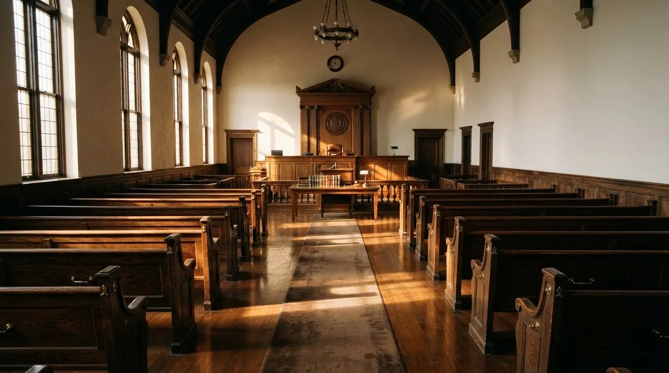 An empty courtroom with wooden benches in morning light