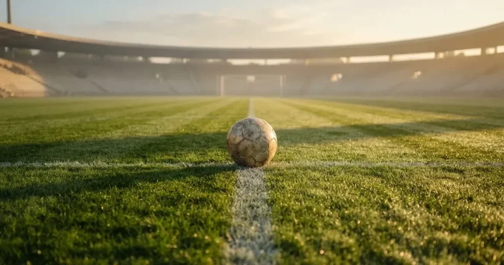 A ball on the centre spot of a grass pitch in morning light