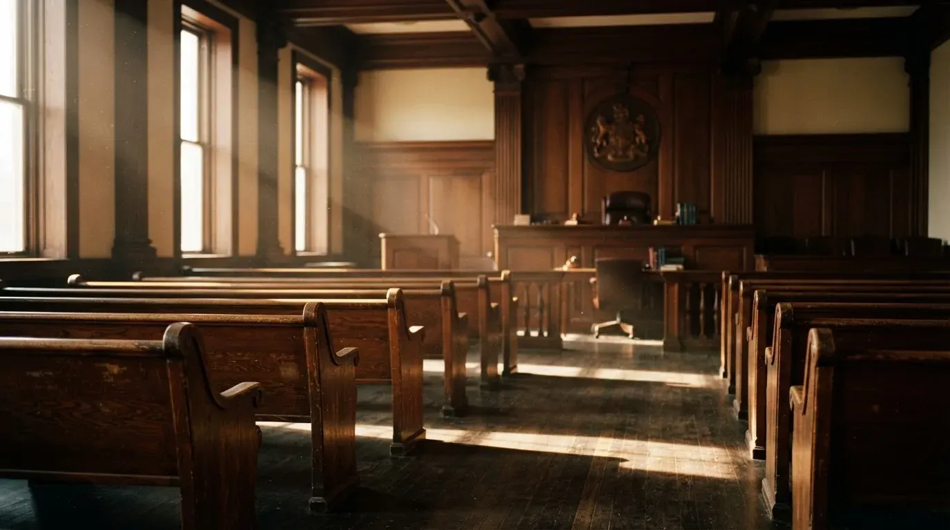 An empty courtroom with wooden benches in morning light
