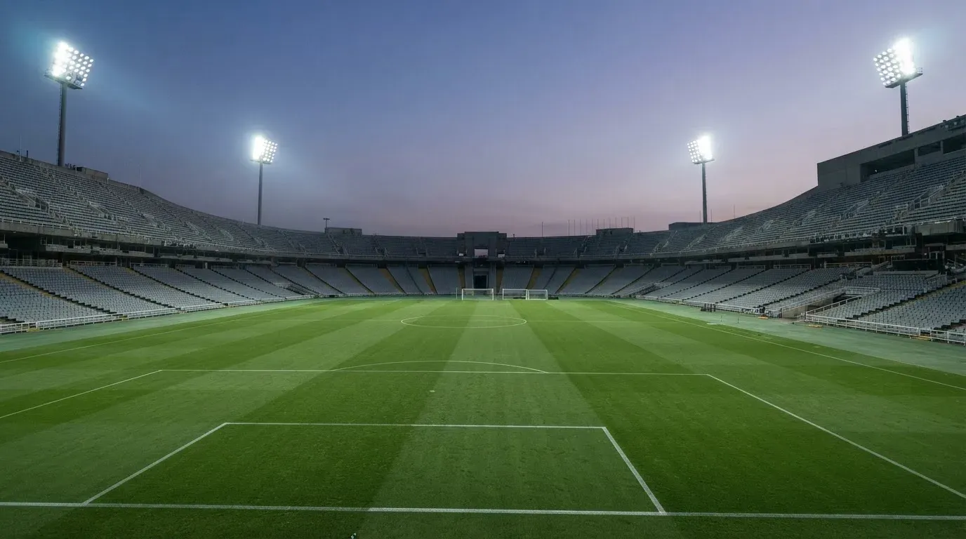 An empty football stadium with floodlight masts at dusk