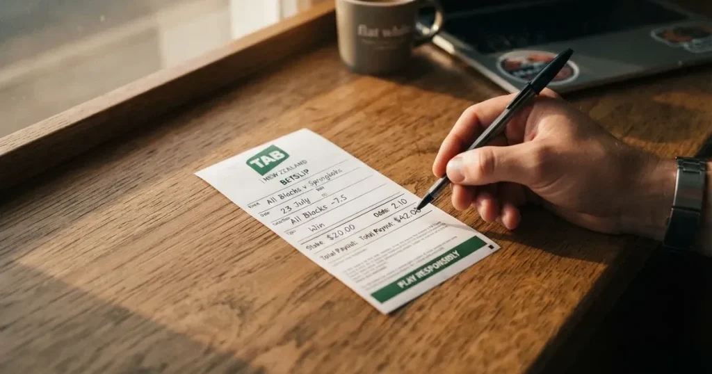A blank paper betting slip beside a pen on a wooden counter