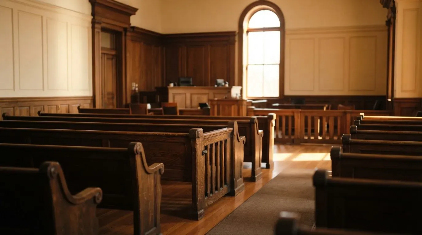 An empty courtroom with wooden benches in morning light