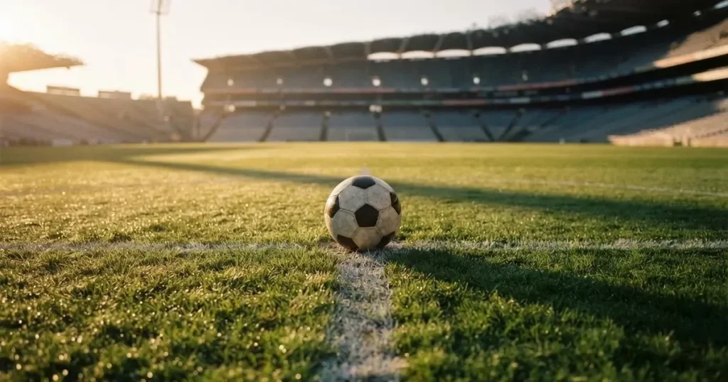 A ball on the centre spot of a grass pitch in morning light