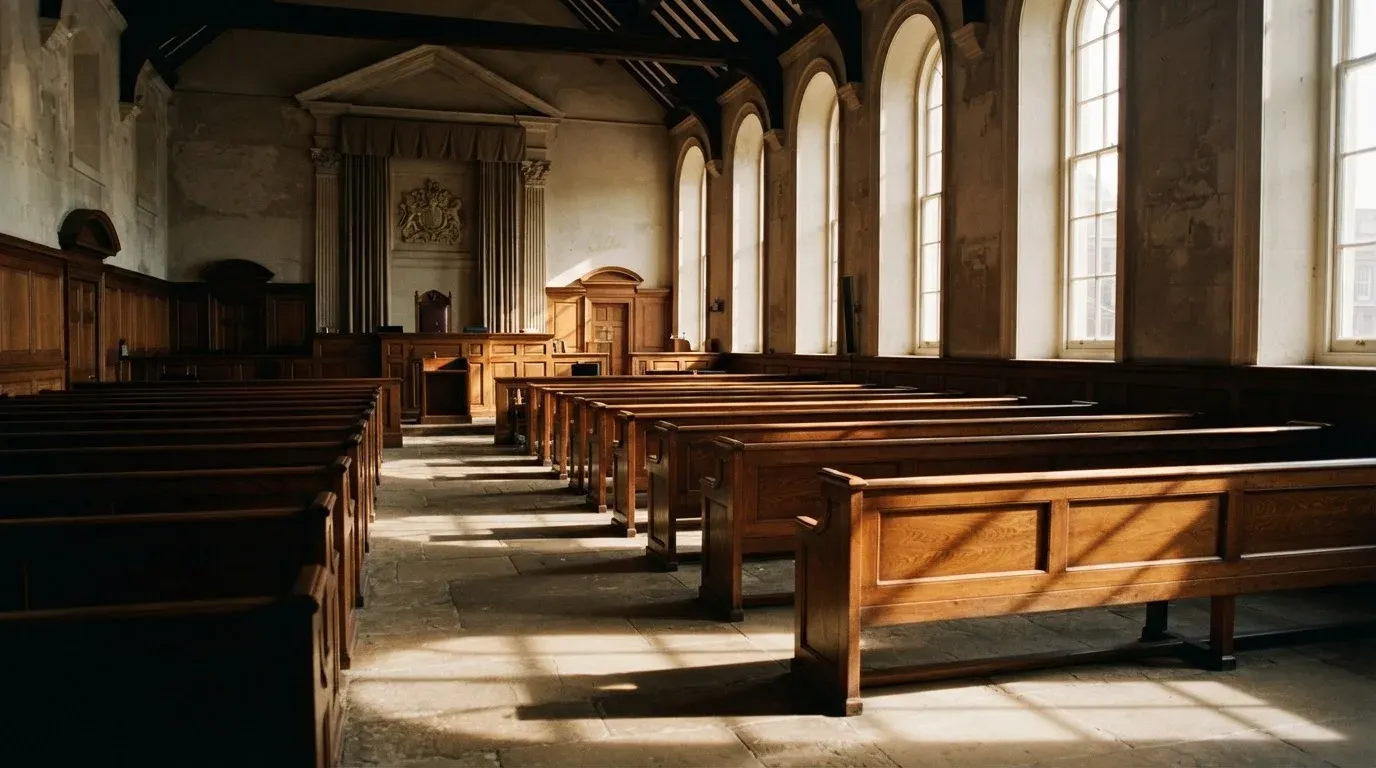 An empty courtroom with wooden benches in morning light